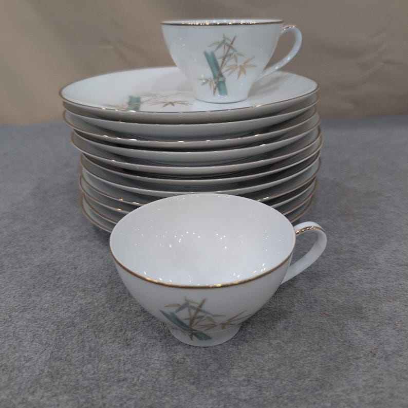 Noritake Oriental 6341 Bamboo China Set 11 Plates 2 Cups Gold Trim Japan Vintage image 1
