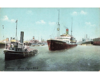 Vintage Postcard Buenos Aires Dique No 4 Cap Ortega Steamship Argentina ACK 8365