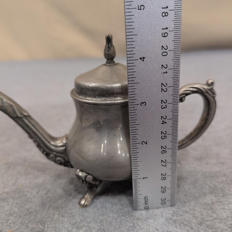 Vintage Miniature Silver Tone Footed Teapot Hinged Lid Ornate Collectible Decor image 9