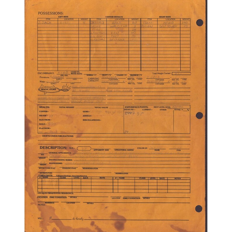 Vintage 1983 Advanced Dungeons & Dragons ADD Player Character Record Sheet VG- image 2