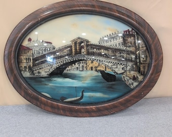 Antique Reverse Glass Scene Rialto Bridge Venice Italy Bubble Glass Oval Frame
