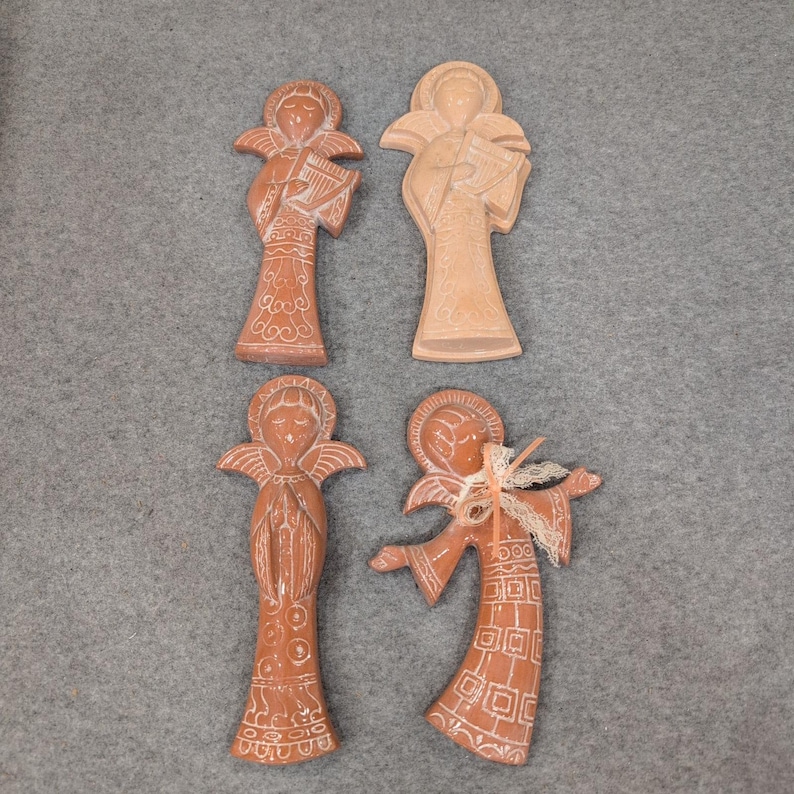 Vintage Terracotta Clay Angel Figurines Set of 4 Handcrafted Folk Art Decor image 1