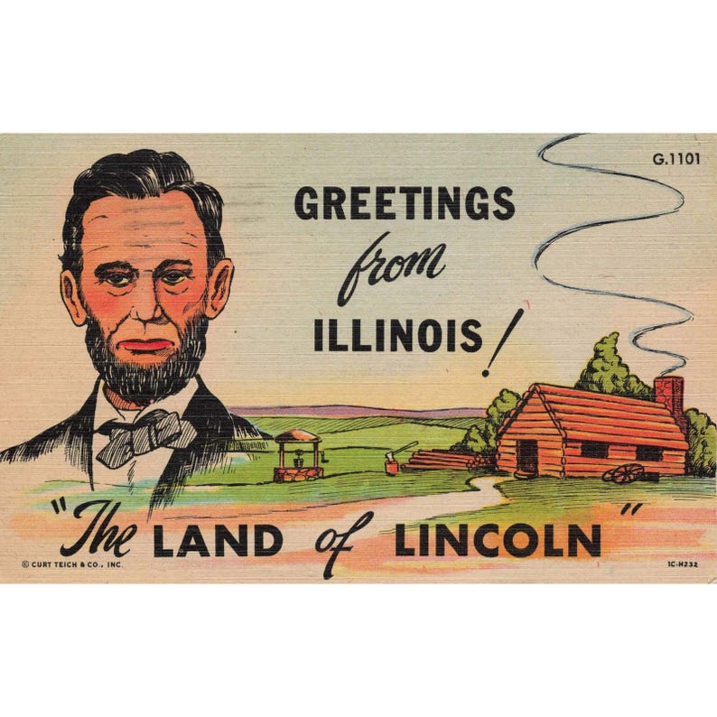 Illinois Greetings Linen Postcard Curt Teich G.1101 Abraham Lincoln 1951 image 1
