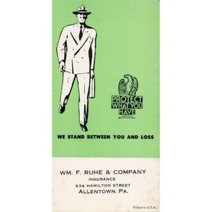Vintage 1932 Wm F Ruhe & Co Insurance Allentown PA Advertising Card Green Blue image 1