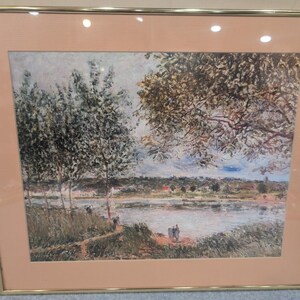 Impressionist River Landscape Framed Art Print Gold Tone Frame Peach Mat image 2