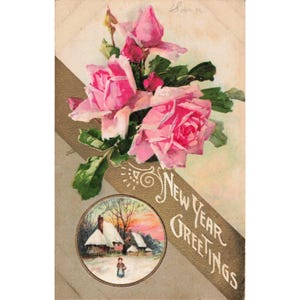 Vintage New Year Greetings Postcard Pink Roses Winter Cottage Scene Germany VG image 1