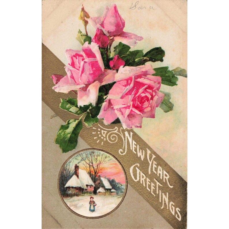 Vintage New Year Greetings Postcard Pink Roses Winter Cottage Scene Germany VG image 1