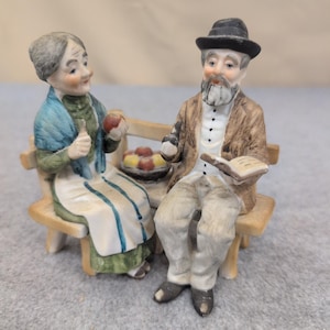 Vintage Hand Painted Porcelain Elderly Couple on Bench Figurine Matte Finish image 1