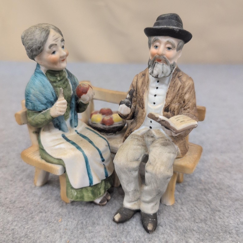 Vintage Hand Painted Porcelain Elderly Couple on Bench Figurine Matte Finish image 1