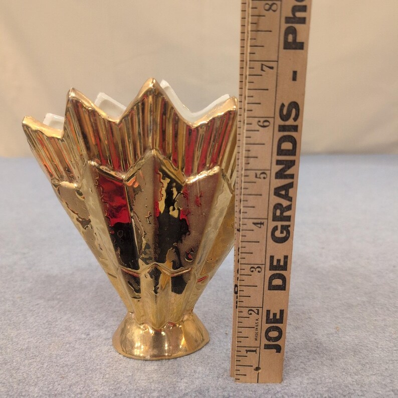 Vintage Art Deco Gold Metallic Ceramic Fan Sunburst Bud Vase image 5