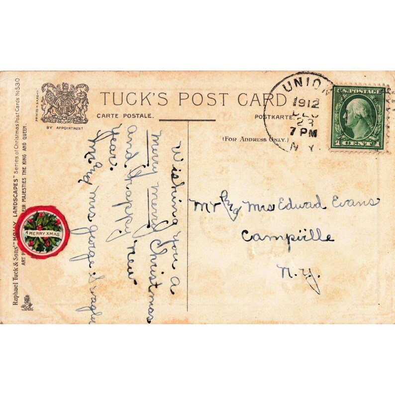 Antique Raphael Tuck & Sons Christmas Postcard Holly Landscapes 530 1912 Stamp image 2