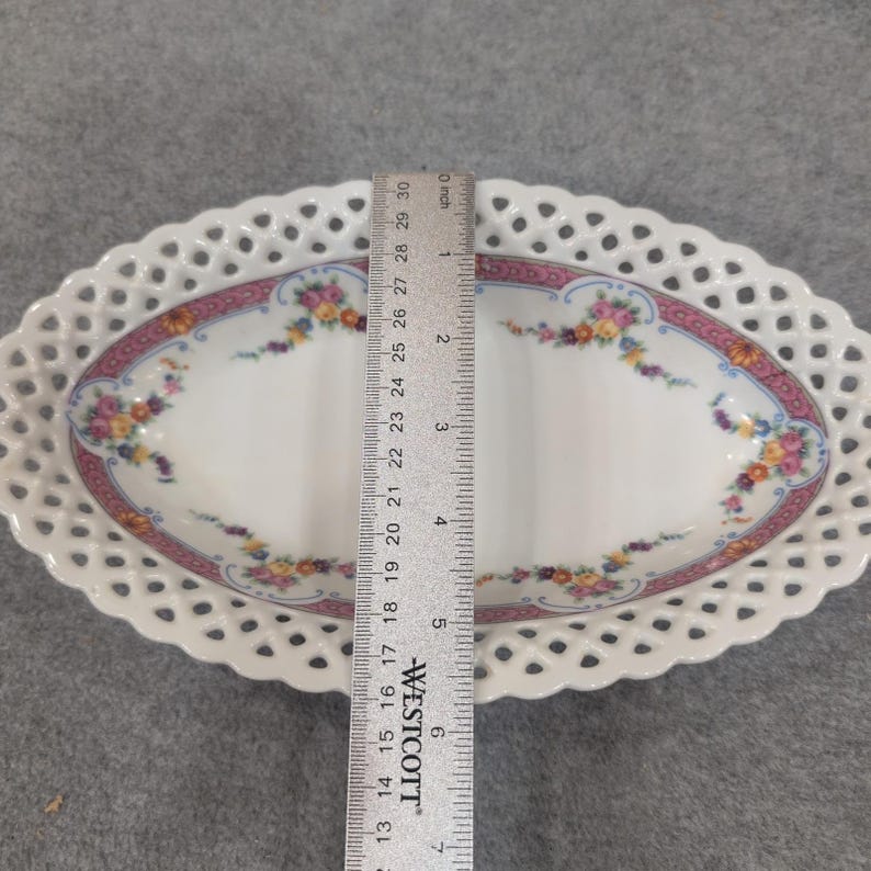 Schumann Arzberg Bavaria Reticulated Floral Porcelain Oval Bowl Pink Lattice Rim image 5