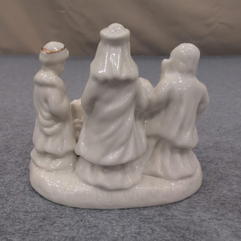 White Ceramic Nativity Scene with Gold Trim Small Christmas Figurines Set image 4