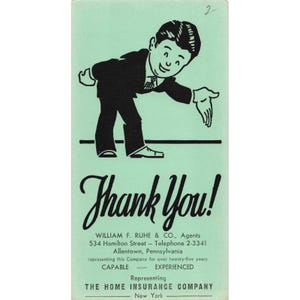 Vintage William F Ruhe Co Allentown PA Home Insurance Company Thank You Card VG image 1