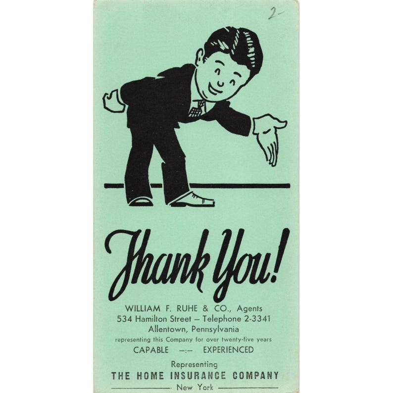 Vintage William F Ruhe Co Allentown PA Home Insurance Company Thank You Card VG image 1