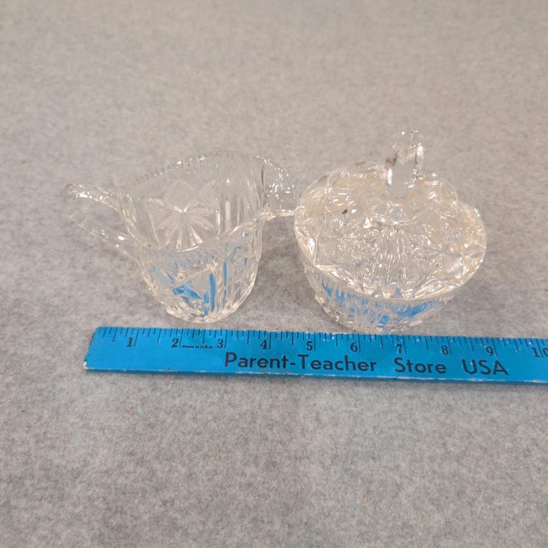 Vtg Miniature Cut Crystal Creamer and Lidded Sugar Bowl Set Starburst Pattern image 5