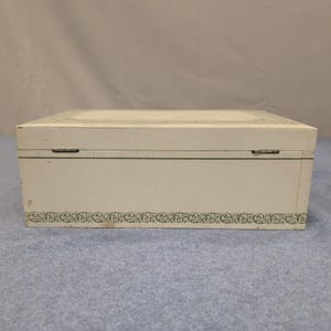Vintage Cream Faux Leather Multi Tier Jewelry Box Red Velvet Lining Filigree image 7