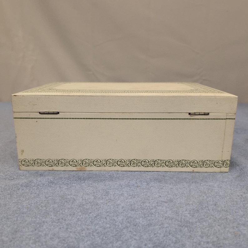 Vintage Cream Faux Leather Multi Tier Jewelry Box Red Velvet Lining Filigree image 7