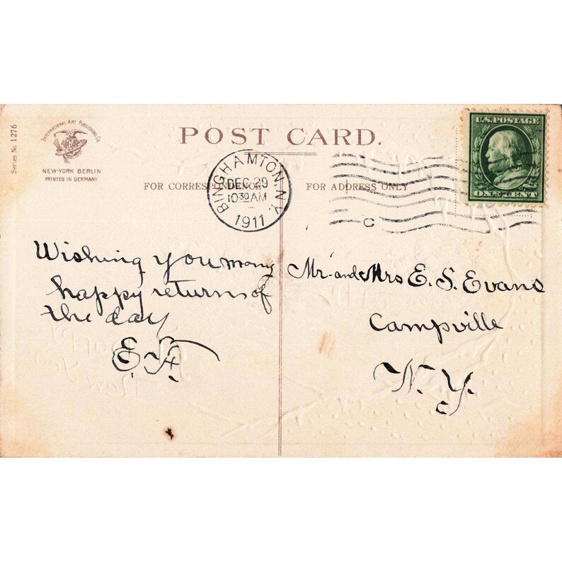 Vtg 1911 Happy New Year Postcard Watermill Winter Scene Embossed Germany 1276 image 2