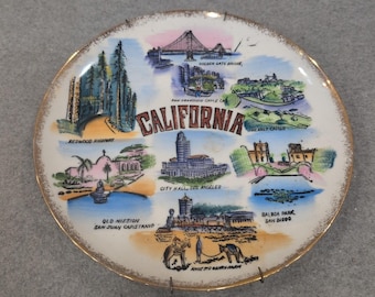 Vintage California Souvenir Plate Continental Royalty Landmarks Gold Rim Decor