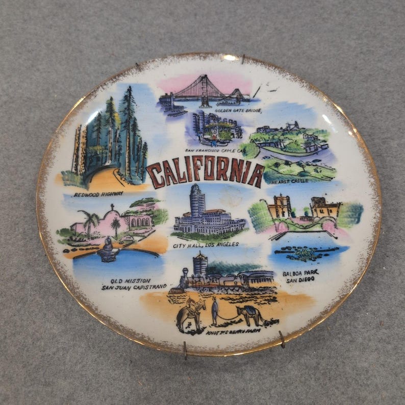Vintage California Souvenir Plate Continental Royalty Landmarks Gold Rim Decor image 1