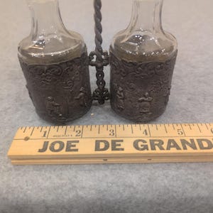 Vintage Dutch Windmill Cruet Set Glass Bottles Ornate Metal Caddy Village Scene image 3