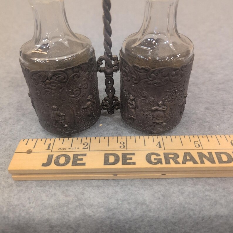 Vintage Dutch Windmill Cruet Set Glass Bottles Ornate Metal Caddy Village Scene image 3