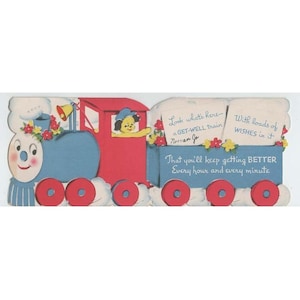 Vtg Mid-Century Get-Well Express Train Die-Cut Greeting Card Puppy Conductor image 2