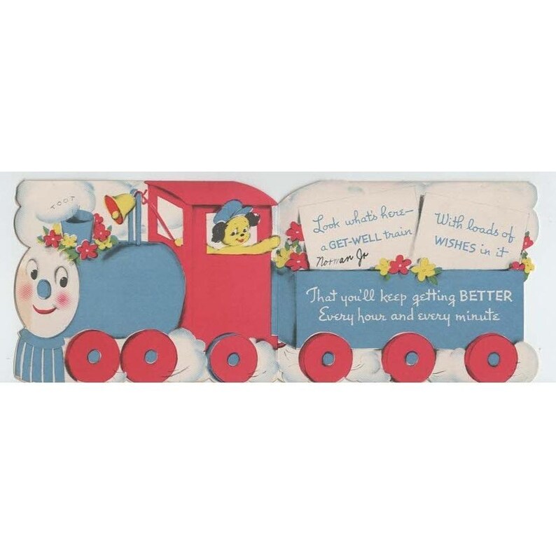 Vtg Mid-Century Get-Well Express Train Die-Cut Greeting Card Puppy Conductor image 2