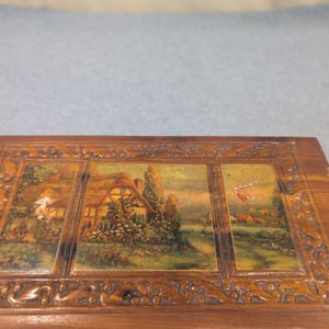 Vintage Cedar Wood Keepsake Chest Cottage Landscape Mirror Jewelry Box Latch image 3