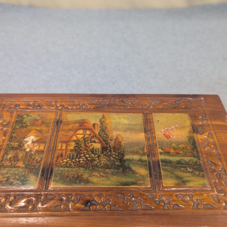 Vintage Cedar Wood Keepsake Chest Cottage Landscape Mirror Jewelry Box Latch image 3