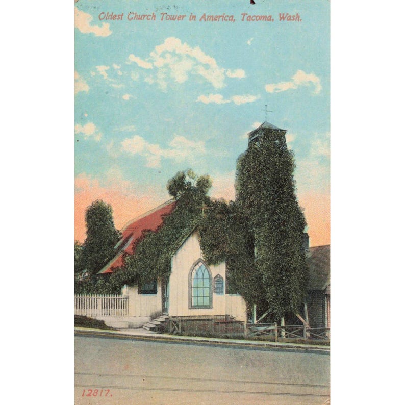 Oldest Church Tower in America Tacoma Wash Vintage Postcard AcmeGraph 12817 VG image 1