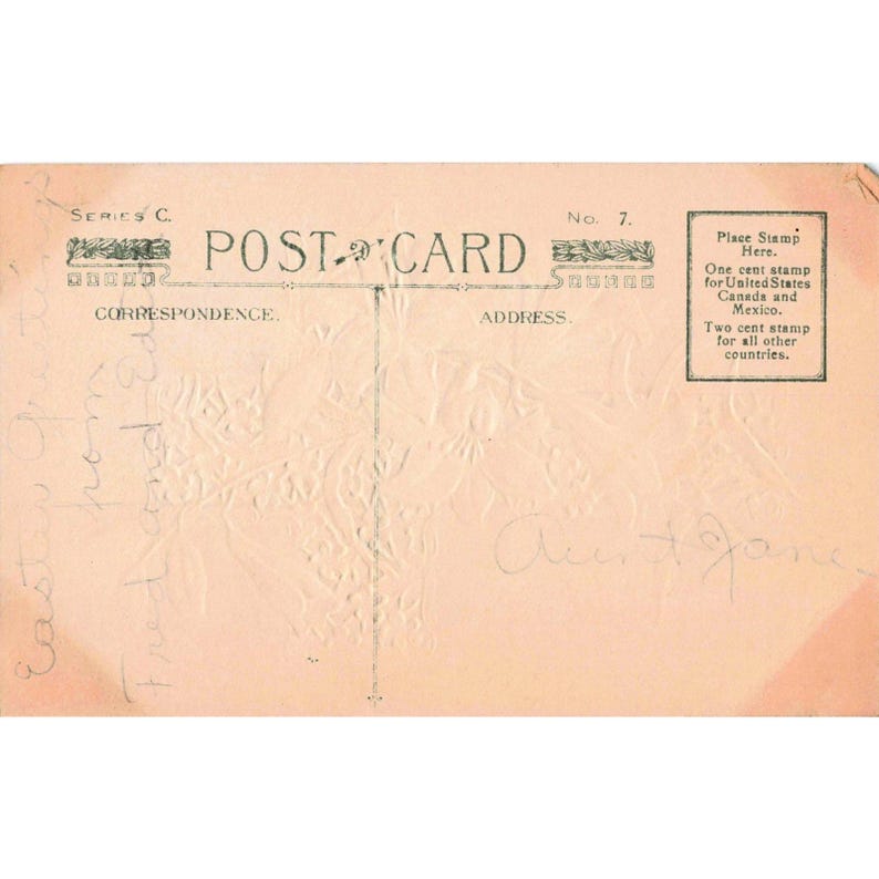 Cartão-postal antigo de Páscoa com relevo de lírios brancos e cruz, Série C, nº 7, azul, em excelente estado de conservação. imagem 2