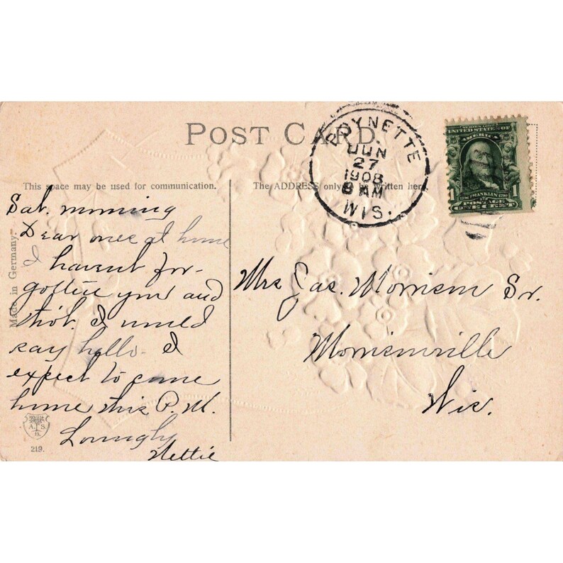 Antike, geprägte RPPC-Postkarte von 1908, Liebesgruß an die Mutter, rosa Blumenmuster, Deutschland, sehr gut erhalten Bild 2