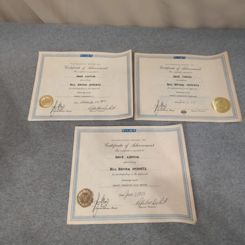Vintage 1973-1974 Fiat Roosevelt Motors Certificates of Achievement Set of 3 image 1
