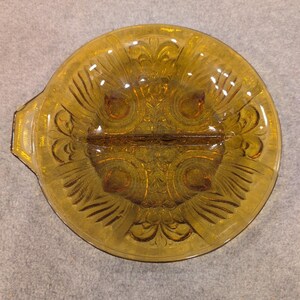 Vintage Amber Glass Divided Relish Dish Peacock Eye Pattern Tab Handle Serving image 2