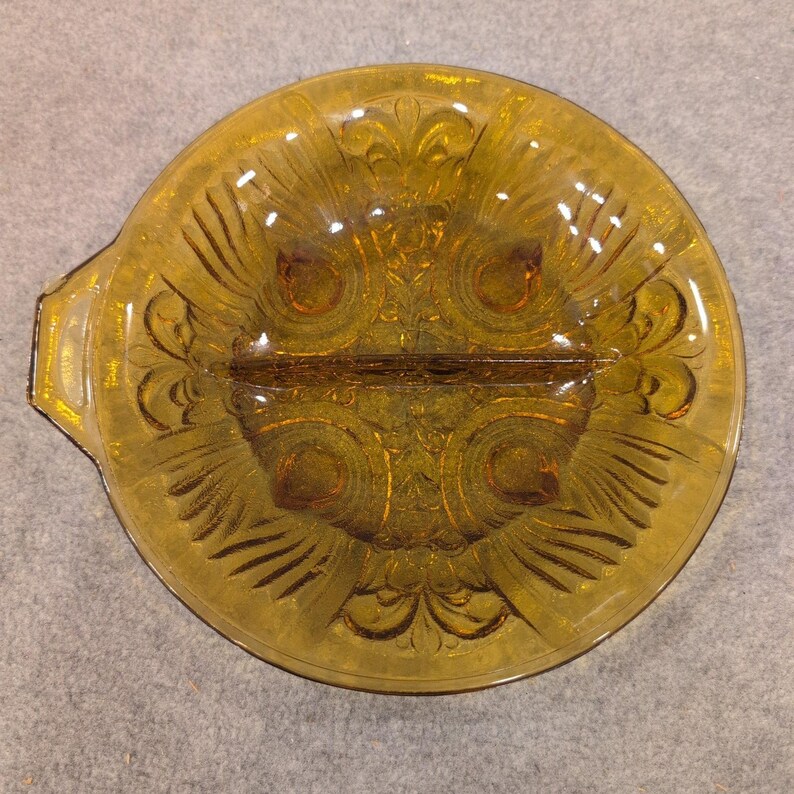 Vintage Amber Glass Divided Relish Dish Peacock Eye Pattern Tab Handle Serving image 2