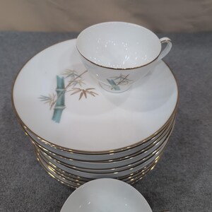Noritake Oriental 6341 Bamboo China Set 11 Plates 2 Cups Gold Trim Japan Vintage image 2