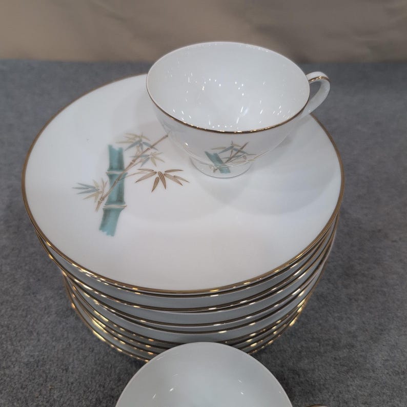 Noritake Oriental 6341 Bamboo China Set 11 Plates 2 Cups Gold Trim Japan Vintage image 2