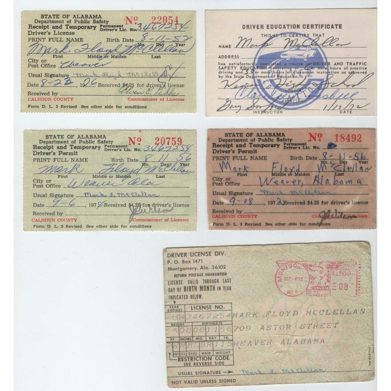 Vintage-Führerscheine aus Alabama, Konvolut aus den 1970er Jahren, Weaver High School-Ephemera Bild 1