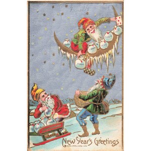 Vtg 1911 New Years Greetings Postcard Gnomes Money Bags Moon 1c Franklin Stamp image 1