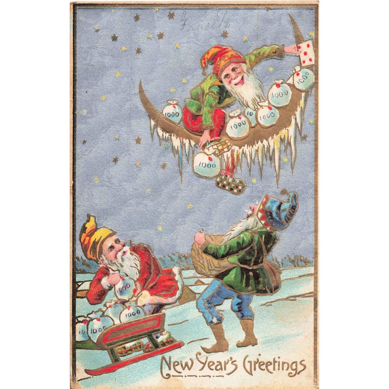 Vtg 1911 New Years Greetings Postcard Gnomes Money Bags Moon 1c Franklin Stamp image 1