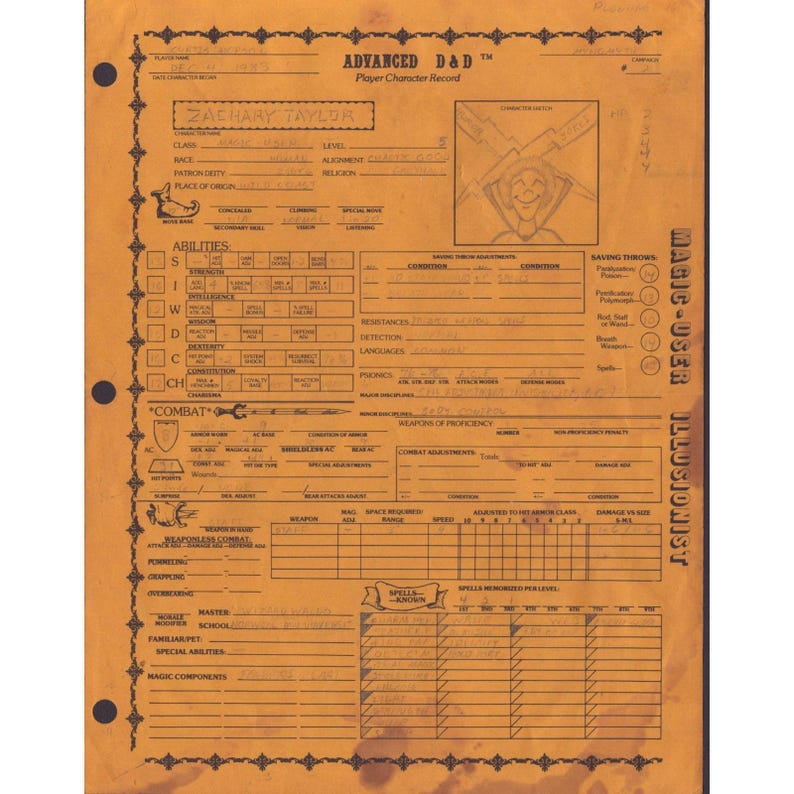 Vintage 1983 Advanced Dungeons & Dragons ADD Player Character Record Sheet VG- image 1
