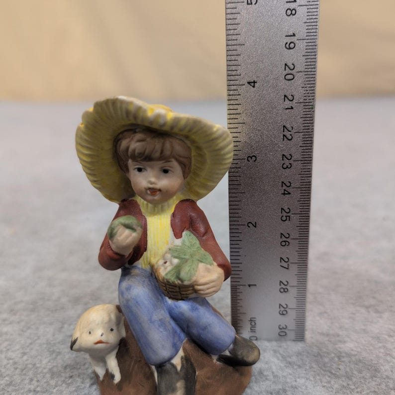 Frankel Boy with Dog and Basket Bell Figurine Vintage Ceramic Made in Taiwan image 2