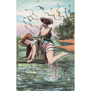 Antique Glitter Bathing Beauties Postcard Serie 845 Edwardian Swimwear Beach VG- image 1