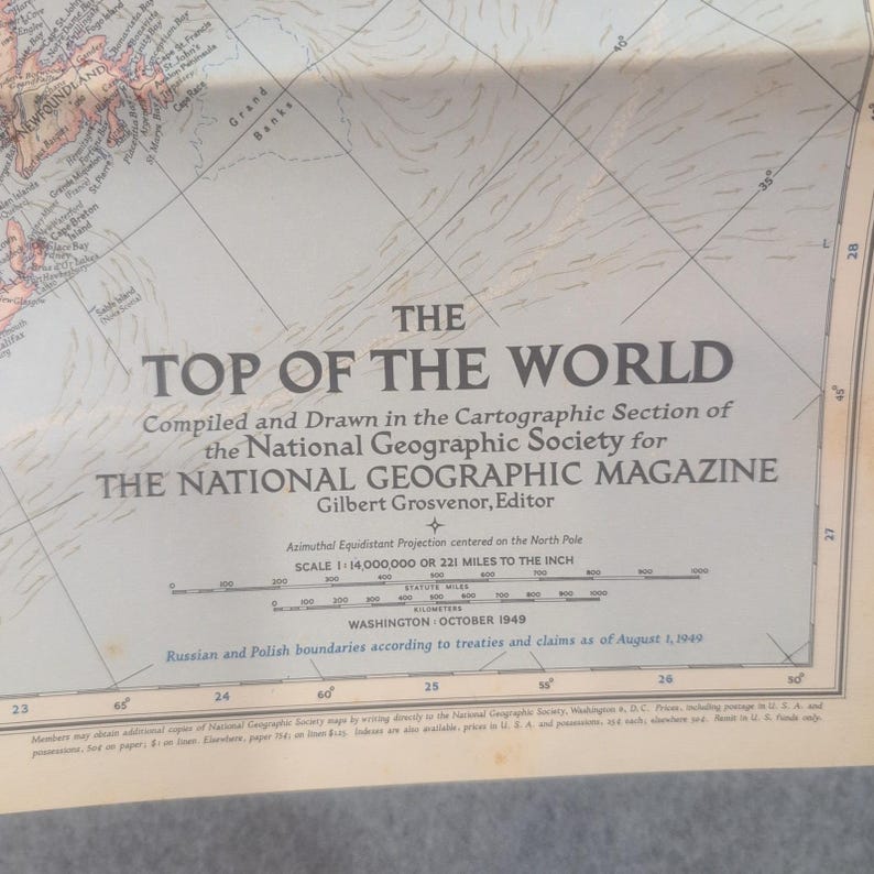 Vtg 1949 National Geographic The Top of the World Map Arctic North Pole 29x28 image 2