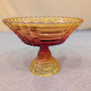 Vintage Amberina Glass Basketweave Compote Footed Candy Dish Red Yellow Scallop image 1