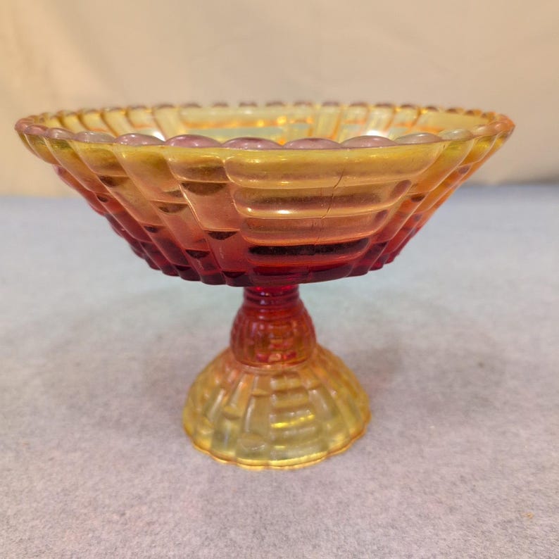 Vintage Amberina Glass Basketweave Compote Footed Candy Dish Red Yellow Scallop image 1