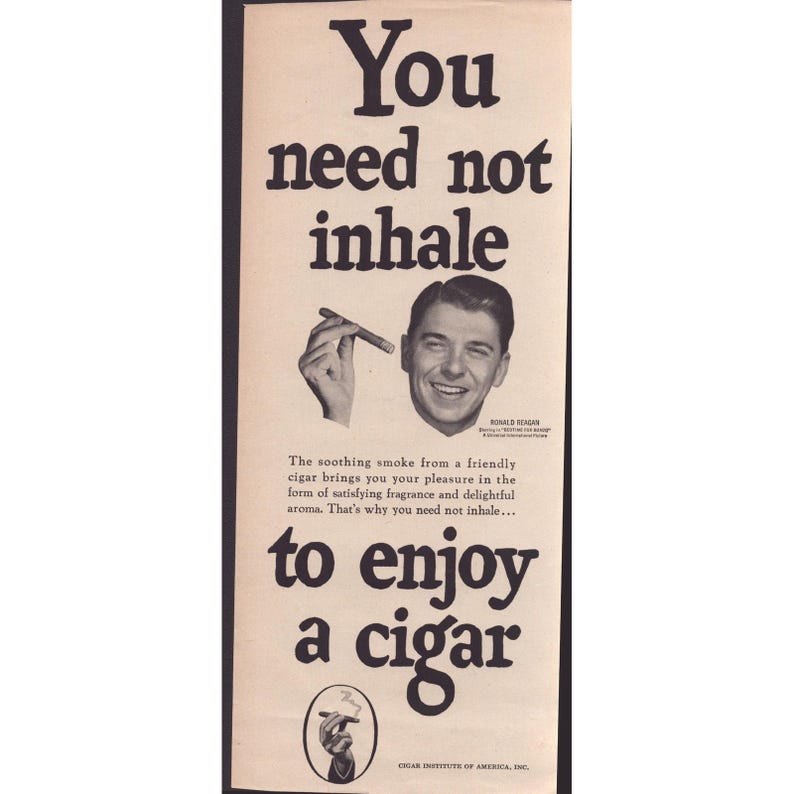 Vintage Ronald Reagan Cigar Institute of America Print Ad Bedtime for Bonzo VG+ image 1