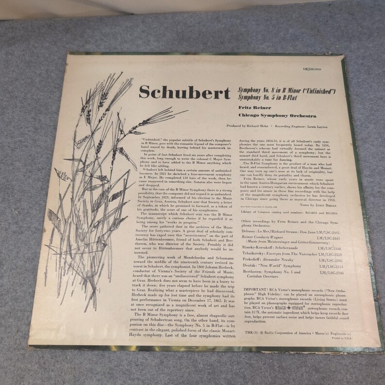 Schubert Unfinished Symphony No 8 & No 5 Fritz Reiner Chicago Symphony RCA LSC-2 image 2